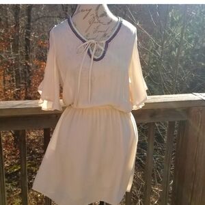 ESLEY Elegant Cream Fully Lined Flutter Sleeve Dress with Tie Neck Bead Accent
